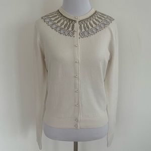 Moda International Winter White Jeweled Cardigan Size Small